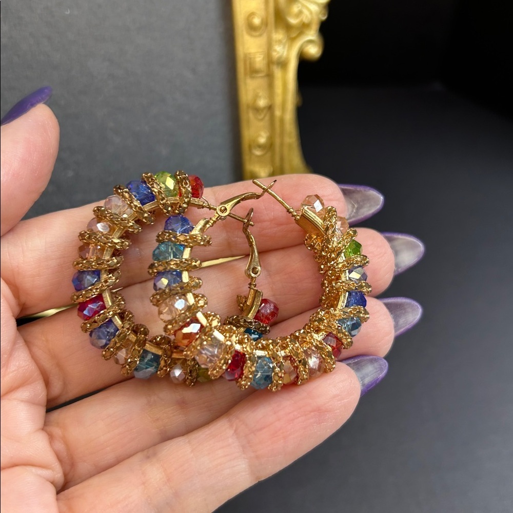 Elegant Gold and Multicolor Crystal Hoop Earrings